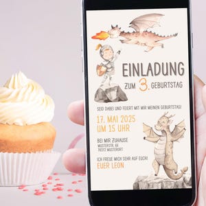 Digital invitation for children&#39;s birthdays | Knight & Dragon, virtual birthday invitation, fairytale, medieval, invitation for brave heroes