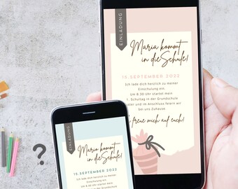 May include: A pink and white digital invitation with the text "Maria kommt in die Schule!" and "15. SEPTEMBER 2022". The invitation includes a small illustration of a gift bag.