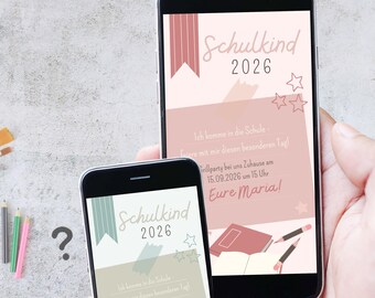 May include: Two smartphones displaying a digital invitation with the text "Schulkind 2026". The invitation features a pink and beige color scheme with star and banner graphics. The text includes details for a grill party.