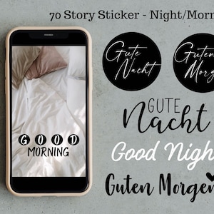 Instagram Story Stickers | Good Morning and Good Night, 70 Digital Stickers, Black and White Lettering, Instagram & Planner