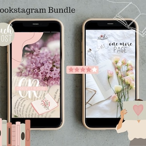 Könnte beinhalten: Zwei Telefon-Bildschirm-Mockups, die Bookstagram-Post-Vorlagen zeigen. Das erste Mockup zeigt ein Buch mit Blumen und dem Text "Currently Reading". Das zweite Mockup zeigt ein Buch mit Blumen und dem Text "One More Page".