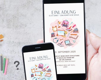 Puede incluir: Dos smartphones muestran una invitación escolar. La invitación incluye el texto "EINLADUNG" y "ES IST SOWEIT - LENA KOMMT IN DIE SCHULE", con una ilustración en acuarela de útiles escolares. La fecha "10. SEPTEMBER 2025" también es visible.