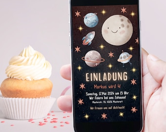 Digitale Einladung Kindergeburtstag | Rakete, Sterne und Planeten im Weltall, Einladung für kleine Weltall-Entdecker und Astronauten