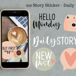 Könnte beinhalten: Ein Set mit 10 Instagram-Story-Stickern mit verschiedenen Designs. Die Sticker beinhalten eine Kaffeetasse mit dem Text "But First Coffee", eine Kamera mit dem Text "Daily Story", ein Herz mit dem Text "New Post" und ein Herz mit dem Text "Hello Monday".