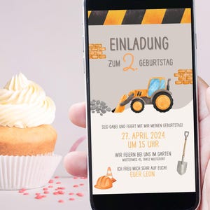 Digitale uitnodiging voor een kinderfeestje | Bouwplaats, graafmachine, kraan, schop, tractor