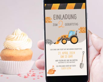 Digital invitation for a children's birthday party | Invitation for construction site fans and little builders with excavator, shovel and bricks