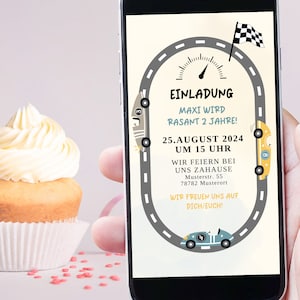 お子様の誕生日のためのデジタル招待状 | 準備、スタート、パーティー！小さなレーサー、車、レーストラック、車のための招待状