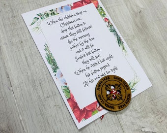 Santa button, santas lost button, Christmas Eve traditions, reusable Xmas decor, Christmas Eve box