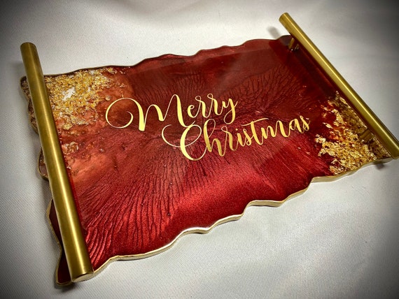 Red and gold festive serving tray, Christmas decorations, for the home,  centrepiece, personalised decor, Bareware set, christmas gift