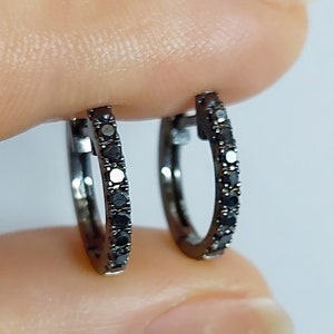 14K Solid Gold Black Diamond Hoop Earrings, Diamond Hoops, Black Diamond Gold Huggies, Gift for her, Birthday Present