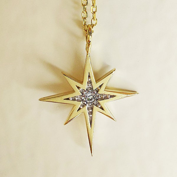 Collar de estrella del norte de oro macizo de 14K / collar de estrella del norte de diamantes / colgante starburst de oro / colgante celestial / regalo para ella