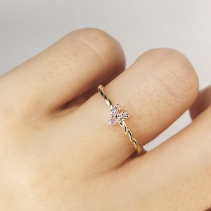 Minimalist Dainty Baguette Diamond  Three Stone Tria Ring,  14K Solid Gold Diamond Ring