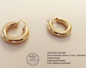 Brand New 14kt Solid Yellow Gold 1 3/4" Hoop Earrings-Free Shipping! 