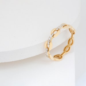 14K Gold Diamond Chain Ring, Cable Link Ring, Gift for women, Minimalist Design, Daily Jewelry, Birthday Present image 3