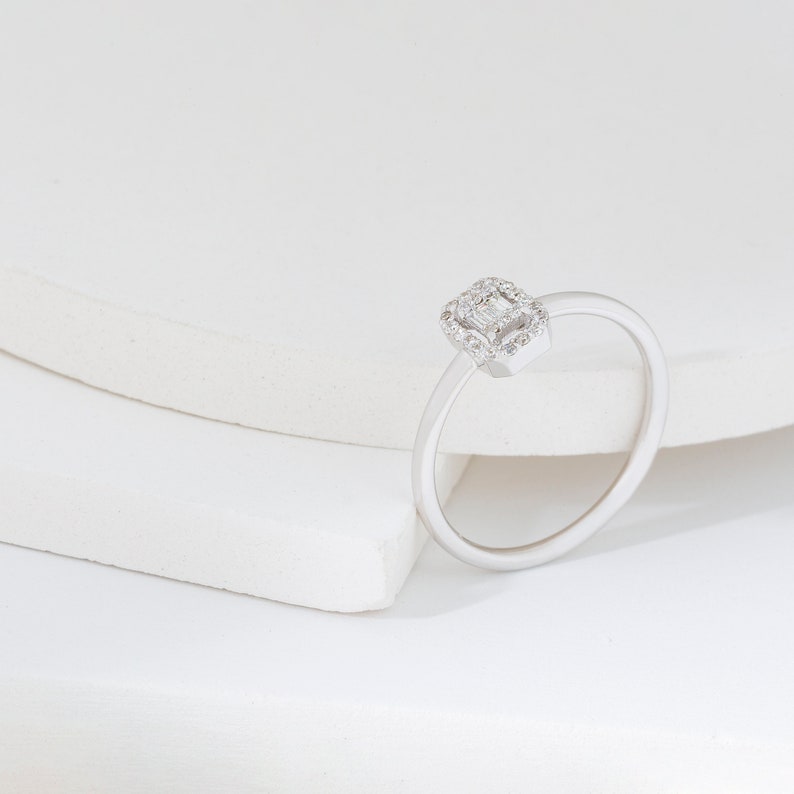 Handmade 14K baguette diamond Ring / Dainty Promise Gift / Rectangular Ring / Wedding Present image 3