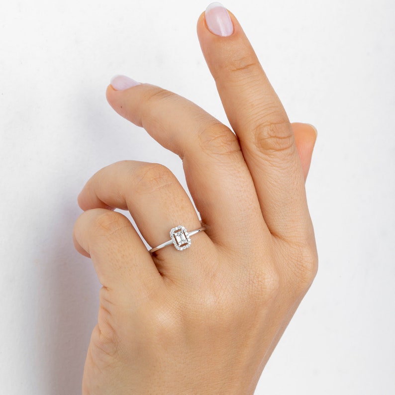 Handmade 14K baguette diamond Ring / Dainty Promise Gift / Rectangular Ring / Wedding Present image 2