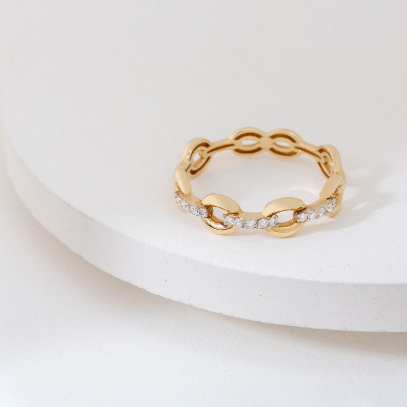 14K Gold Diamond Chain Ring, Cable Link Ring, Gift for women, Minimalist Design, Daily Jewelry, Birthday Present image 1