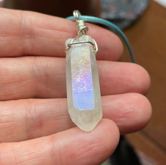 Aura Quartz (Angel variety) wrap pendant for necklace, healing crystal -  Crystal Concentrics