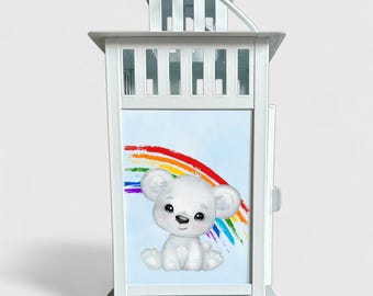 Personalisierte Grablaterne „Bär mit Regenbogen“ • Gedenklaterne Sternenkind • UV-Druck Laterne • Erinnerungsgeschenk Kindergrab