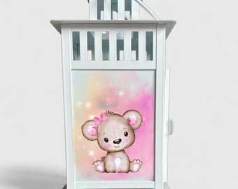 Personalisierte Bären-Grablaterne für Kinder – Rosa/Pink | Gedenklaterne mit Name & Spruch | Erinnerungslicht