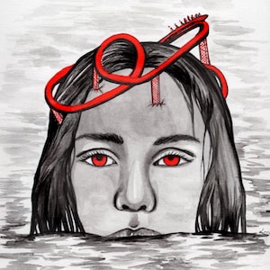 Illustrazione di ritratto, opera d'arte surrealista con tecniche miste, opera d'arte emozionale, disegno rosso-nero, ritratto astratto, montagne russe