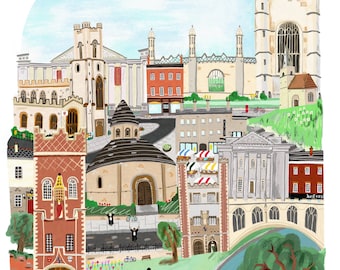 Puede incluir: Una ilustración colorida de Cambridge, Inglaterra, que presenta monumentos emblemáticos como la capilla del King's College, el río Cam y la iglesia redonda. La ilustración está pintada en un estilo caprichoso con colores brillantes y detalles como bicicletas, cisnes y personas disfrutando del paisaje.