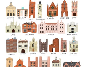 Puede incluir: Ilustración colorida de los edificios de la Universidad de Cambridge, incluyendo Christ's, Churchill, Clare, Corpus Christi, Darwin, Downing, Emmanuel, Fitzwilliam, Girton, Gonville & Caius, y otros. Arte detallado.