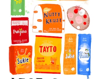 May include: A collection of vintage food and drink packaging from Northern Ireland. The packaging features bright colors and illustrations of various products, including chocolate, bread, butter, crisps, and ice cream. The text on the packaging includes the brand names "Choc Pop", "Veda", "Dromona", "Punjana", "Nutty Krust", "Tayto", "Sukie", "Joker", and "Mr. Frostie".