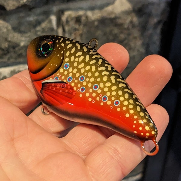 3-3/4" (95mm) Wooden Brook Trout Lipless Fishing Lure for Pike, Walleye and Bass