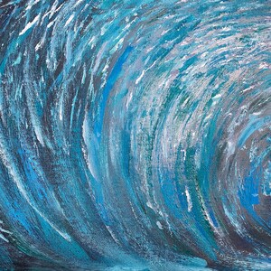 May include: Abstract painting of a swirling blue wave with white and silver accents. The wave is painted in a textured style, giving it a three-dimensional appearance.