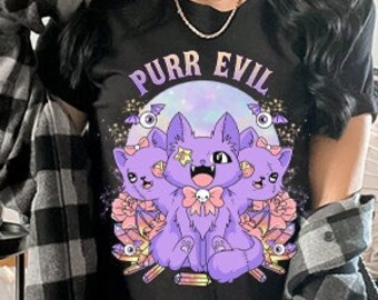 Süßes Goth Schnurren Böses Katzen Shirt, 3-köpfige Katze, Katzen Halloween Shirts, Gruseliges Goth Shirt, gruseliges Goth Shirt, süßes Goth Shirt, Katzenmutter Shirt