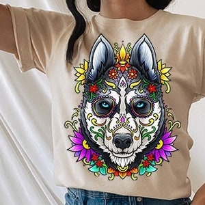 Camiseta de husky, camiseta de husky de Alaska, camiseta del Día de los Muertos, camiseta de La Catrina, camiseta de calavera de azúcar, mamá husky, regalo de husky, camiseta del Día de los Muertos