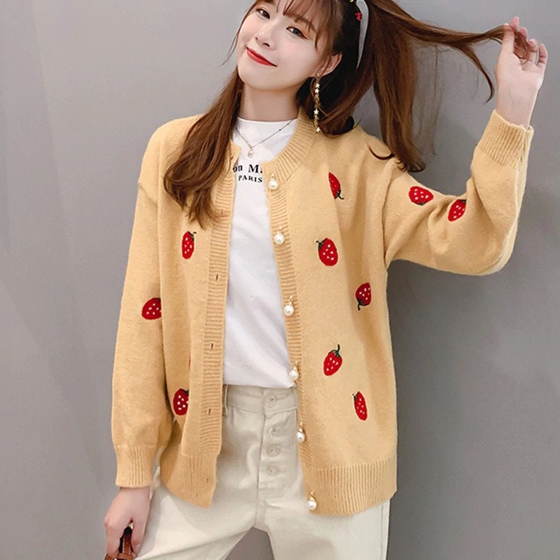 Strawberry Women's Korean Style Knitted Cardigans Female | Etsy