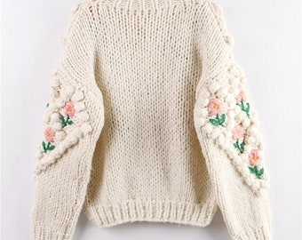 Chic Womens Sweater Hooded Embroidery Floral Coat Jacket Knitwear Cardigan S.M.L