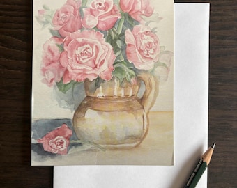 Tarjeta postal con ramo de rosas, tamaño A6, con diseño de acuarela.