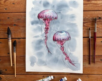 Pintura de acuarela de medusas rojas, arte marino moderno, pintura submarina