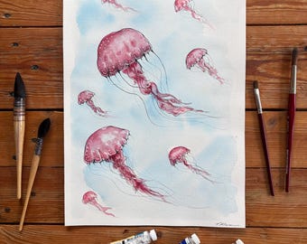 Pintura de acuarela de medusas, arte marino moderno, pintura submarina