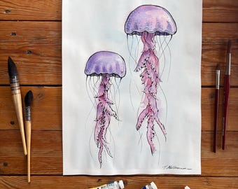 Pintura de acuarela 2 medusas pintura tranquila mar moderno bajo el agua