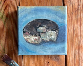 Pintura al óleo / Donut con glaseado de chocolate / Postre / Arte / Pintura / 10 x 10 cm / sobre lienzo