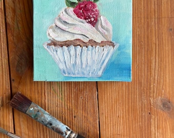 Pintura al óleo / Magdalena con fresa / Postre / Arte / Cuadro / 10 x 10 cm / sobre lienzo