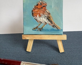 Miniatura al óleo de un petirrojo, 1 pieza de arte única pintada a mano, la pintura incluye caballete.