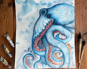 Pintura de acuarela de un pulpo azul, arte marino moderno bajo el agua