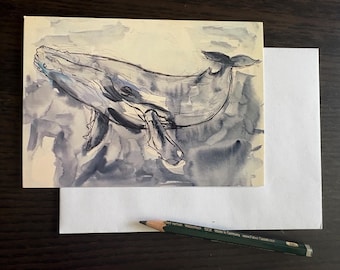 Tarjeta postal de arte con pintura de acuarela de ballena (6 unidades)