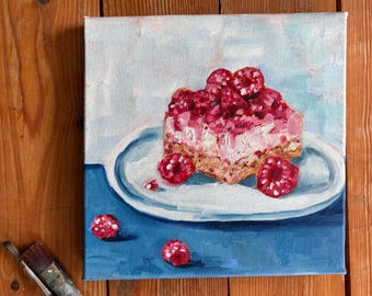 Pintura al óleo / Pastel / Tarta de fresa / Postre / Arte / Cuadro / 20 x 20 cm / sobre lienzo
