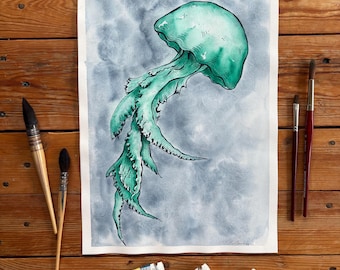 Pintura de acuarela de medusas, arte verde, pintura marina moderna, bajo el agua