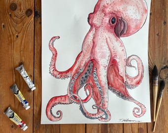Pintura de acuarela de un pulpo rojo, arte marino moderno bajo el agua