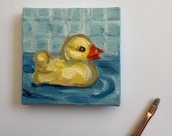 Pintura al óleo en miniatura, patito de goma, patito que chirría, pieza de arte única pintada a mano.
