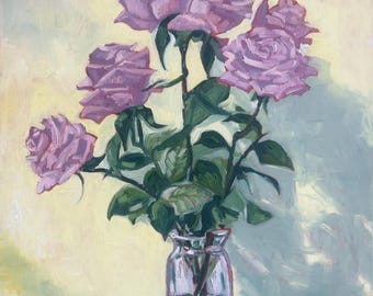 Pintura al óleo de rosas, arte original sobre lienzo, flores en un jarrón.