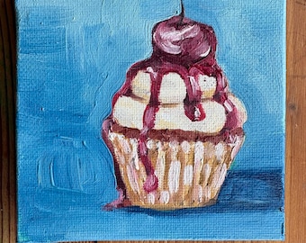 Pintura al óleo / Magdalena con cereza / Postre / Arte / Cuadro / 10 x 10 cm / sobre lienzo