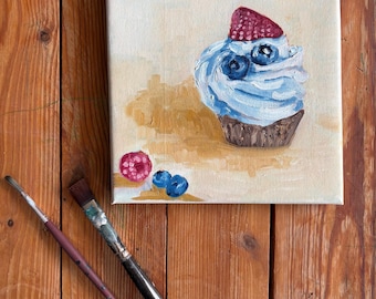 Pintura al óleo / Pastel / Magdalena de arándanos / Postre / Arte / Cuadro / 20 x 20 cm / sobre lienzo